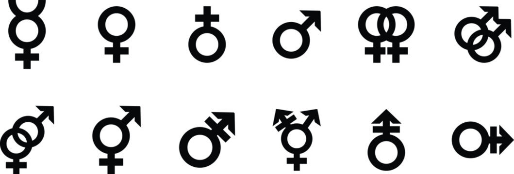 Seamless gender symbol icon pattern set with diverse identity and orientation signs, clean black and white vector collection for inclusivity design, signage and graphics. Repeating elements. Modern 