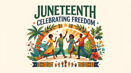 Fototapeta premium Juneteenth Freedom Day Celebration Vector Banner with African American Family Breaking Chains of Slavery