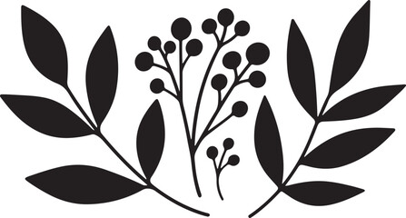 Black silhouette illustration of botanical leaves and berries in a simple decorative arrangement © OMESA