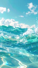 Crystal clear turquoise water waves under a bright blue sky with fluffy clouds. © Pale