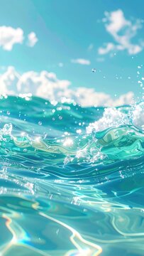 Crystal clear turquoise water waves under a bright blue sky with fluffy clouds.