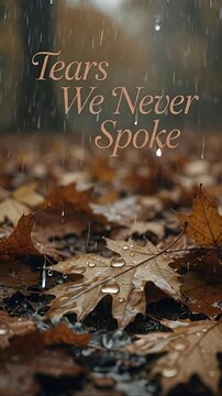 Tears We Never Spoke Text on Wet Autumn Leaves in Rain