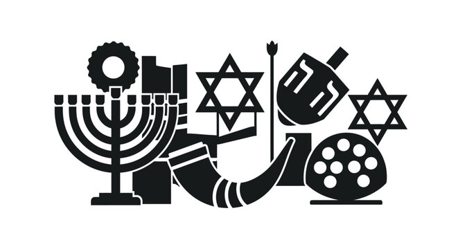 Black and white Jewish holiday symbols icon set.