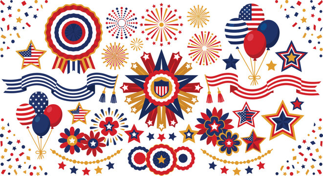 A festive collection of american patriotic elements featuring stars fireworks balloons ribbons and rosettes designed for independence day celebrations and national holiday graphic design projects