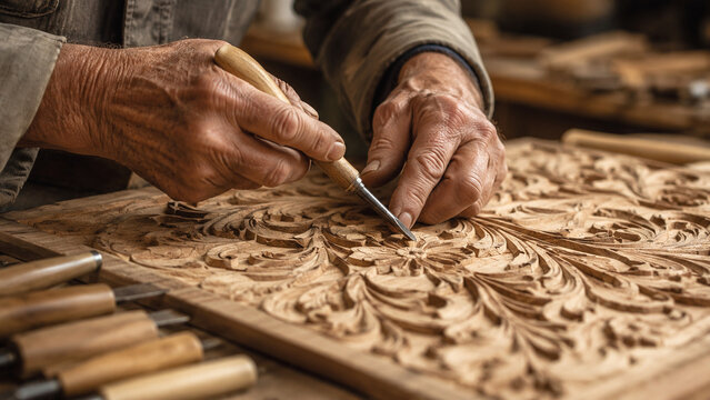 Elderly craftsman hands carefully carving intricate wooden pattern