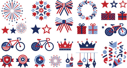 Obraz premium A collection of patriotic fourth of july elements featuring fireworks stars bicycles gift boxes crowns and festive decorations in red white and blue colors isolated
