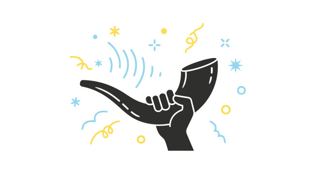A black silhouette of a hand holding a ram horn shofar.