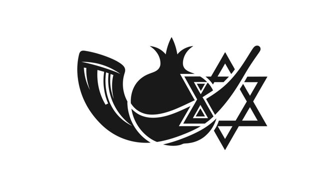 Black and white Jewish holiday symbols illustration.