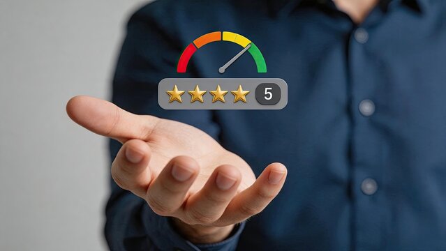 Hand presenting five star rating score with gauge meter, customer satisfaction feedback concept, quality service evaluation, positive review performance indicator, excellence