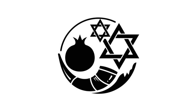 Black and white graphic icon featuring Jewish symbols including Star of David, shofar, and pomegranate.