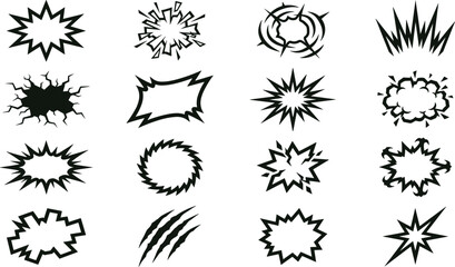 Collection of sixteen black and white comic book style explosion and speech bubble isolated on a white background, featuring various jagged, burst, and impact shapes © Md