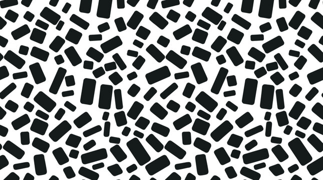 Seamless pattern featuring randomly scattered black rounded rectangular blocks of varying orientations on a plain white background, for surface