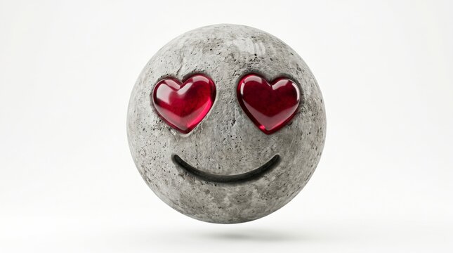 3D stone emoji face with red glass heart eyes smiling, grey concrete love emoticon icon render