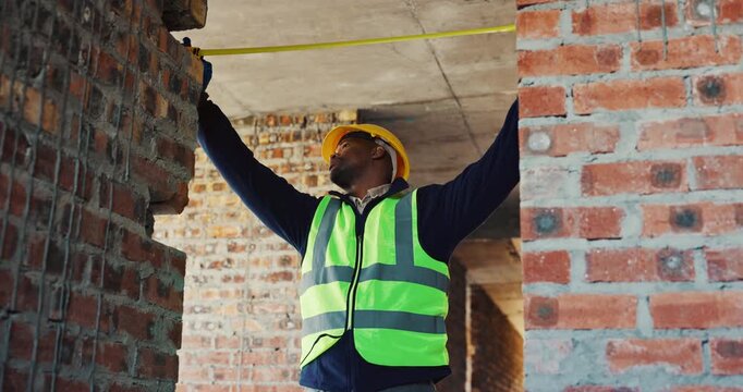 Frame, engineer and tape measure at construction site for precision, dimension and layout for building. Black man, doorway and tools for measurement, structure and property development or renovation