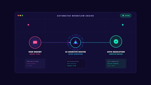 Automated Workflow Engine Diagram Showing AI Cognitive Router and Auto Resolution Process.