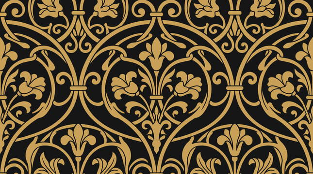 Seamless damask pattern with ornate gold floral motifs and curving filigree lines on a deep black background, for textile and wallpaper