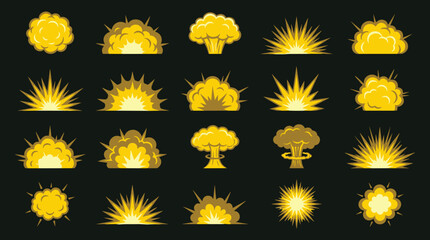 Set of twenty yellow cartoon explosion and comic book blasts on a dark background © Md