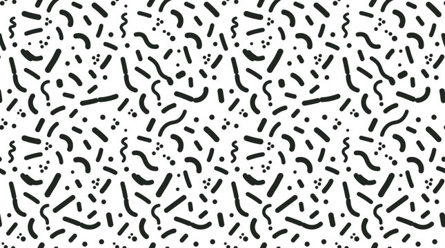 Memphis style seamless pattern with black scribbles, dots, and lines on a white background