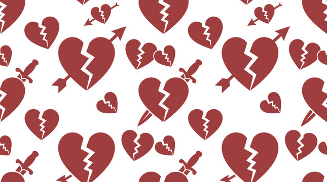 Seamless pattern of dark red broken hearts pierced by arrows on a white background, symbolizing heartbreak and failed relationships in a flat style