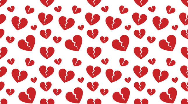 Seamless pattern of bright red broken hearts on a white background, representing heartbreak, divorce, and failed relationships in a simple flat style
