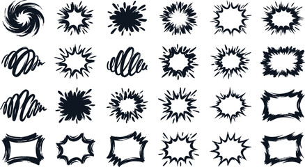 Collection of hand drawn comic book style explosion and speech bubble shapes in black ink on a white background © Md