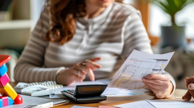 Female accountant reviewing financial documents with calculator and stationery on wooden desk, colorful toy blocks and plant visible in the background