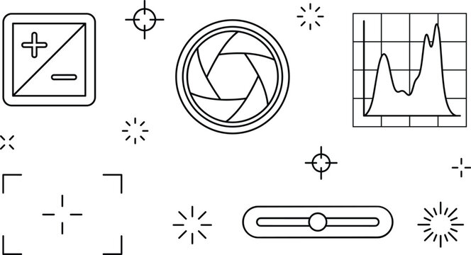Camera exposure settings and photography line icon set with aperture shutter histogram and focus vectors
