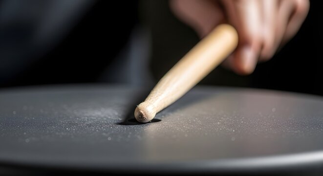 Extreme Macro Shot of Wood Drumstick Striking Electronic Drum Pad Surface