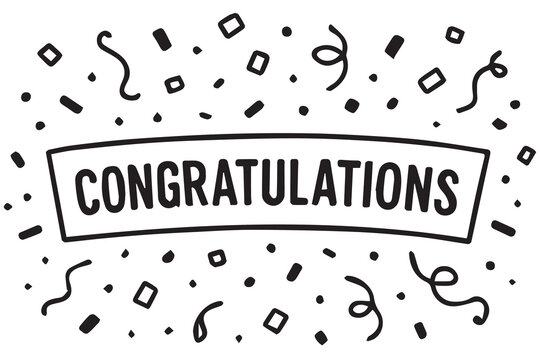 Clean vector art showing a congratulations text label with scattered confetti, designed for celebration backgrounds, success messages, and festive visual concepts.