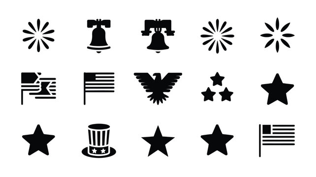 Bold patriotic icons for american national holidays including eagle shield and stars set.