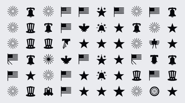 American independence day icons collection featuring stars flags bells and patriotic hats.
