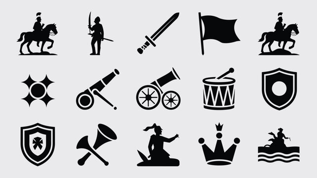 Military warfare icons with cavalry soldiers swords cannons shields and royal crown signs.
