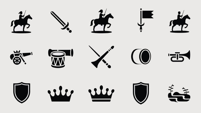 Equestrian soldiers and battle equipment collection with swords drums horns and crowns.