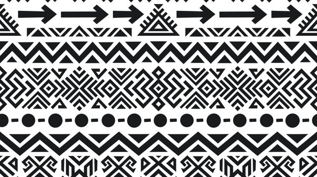 Seamless pattern with geometric tribal motifs and ethnic symbols in black and white colors