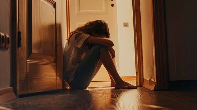 Young girl sitting on wooden floor in hallway, hugging knees with head down, illuminated by warm light from an open door, creating a serene yet contemplative atmosphere