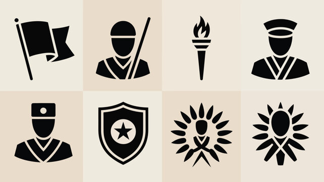 Flag soldier torch uniform shield star and indigenous symbols vector set.