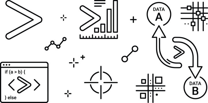Greater than mathematical inequality symbol line icon set with computer programming logic and data analytics
