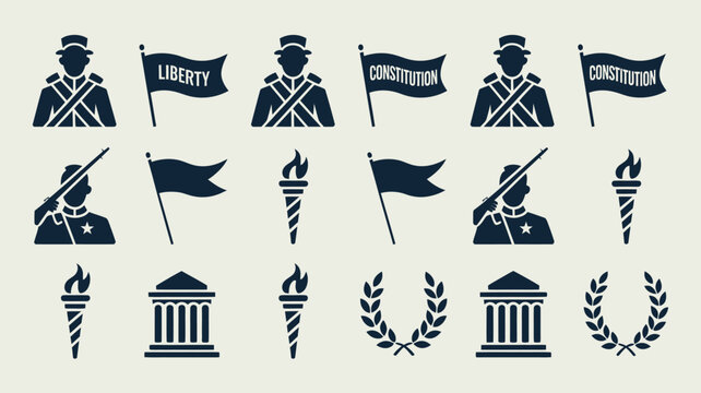 Civil war and american heritage icons featuring soldiers liberty flags torches and laurel.
