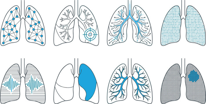 Human Lungs and Respiratory System Icon Set with Digital AI Data Node Binary Code and Target Symbols for Medical Pulmonary Health Diagnostics Infographics