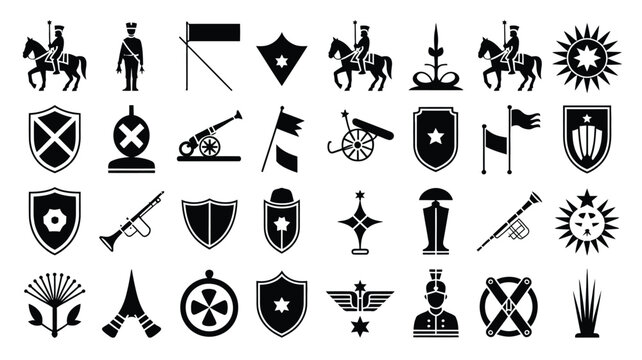 Collection of vector icons military and historical symbols knight soldier cannon flag shield trumpet.
