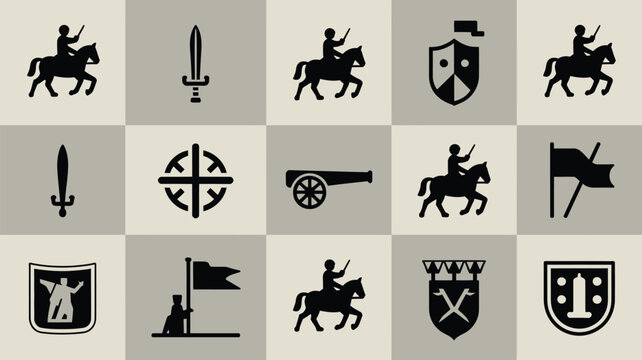 Set of vintage medieval icons knight sword shield flag cannon and crown symbols black silhouette.