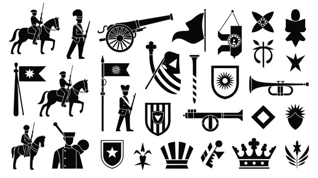 Set of vintage military and heraldic icons knight cannon soldier flag shield trumpet emblem.