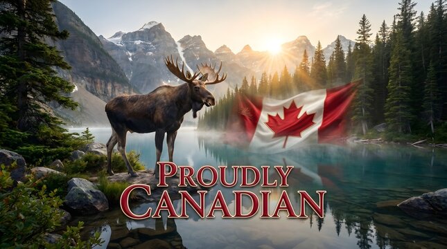 Canada day celebration majestic moose and canadian flag in mountain landscape
