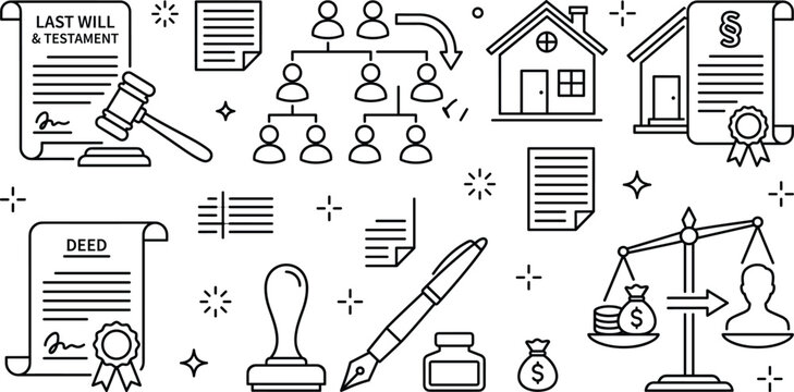 Inheritance Law and Will Testament Icon Set with Property Deed Scale and Legal Documentation Symbols