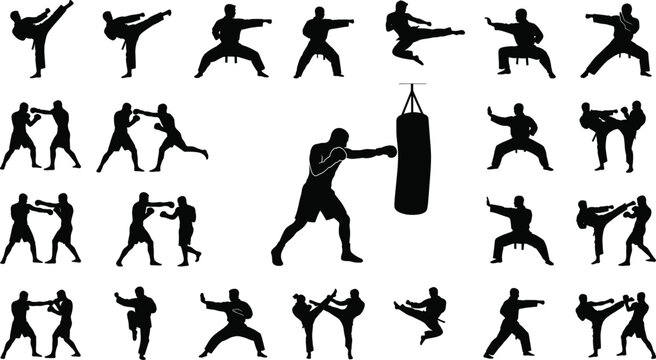 Martial arts silhouettes vector set including boxing, karate, taekwondo, kickboxing, and fighters training with a punching bag