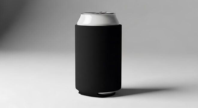 Blank black beer can cooler sleeve mockup on a simple grey surface. koozie mockup psd