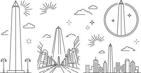 Naklejka premium Obelisk of Buenos Aires and Argentina cityscape line icon set with landmark monuments and streetscapes