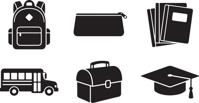 School icons, education symbols, black and white graphics, 6 piece set, vector illustrations