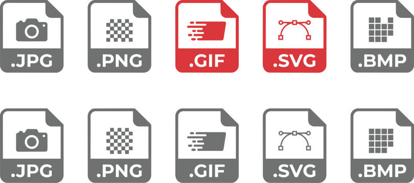 Image File Icons Set with Camera, Image, .Jpg, .Png, .Gif, .Svg, and .Bmp Indicators in Gray and Red