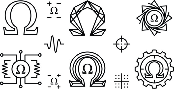 Omega Symbol Electronic Resistance Icon Set with Circuit Component Gear and Technical Engineering Vector Elements